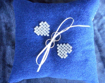 8 Inch Double Rhinestone Heart Denim and Diamonds Ring Bearer Pillow