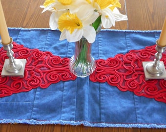Reversible Denim, Lace and Plaid Table Runner