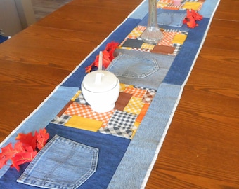 Large Fall Table Runner with Denim Pockets
