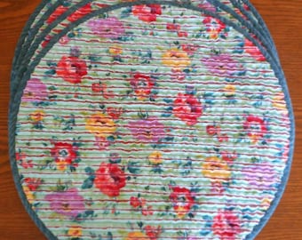 Set of 4 Round Flowered Faux Chenille Placemats