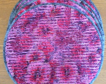 Set of 4 Faux Chenille Pink Hibiscus Flower Round Placemats