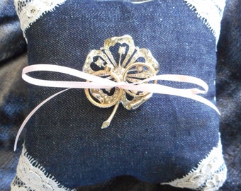 Six Inch Square Denim and Diamonds With Lace Ring Bearer Pillow