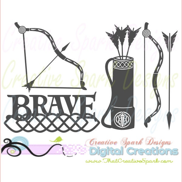 Brave Inspired Merida's Bow and Arrow silhouette set SVG, DXF, and PNG for die cutting machines, decal, iron-on, scrapbook, cards, party