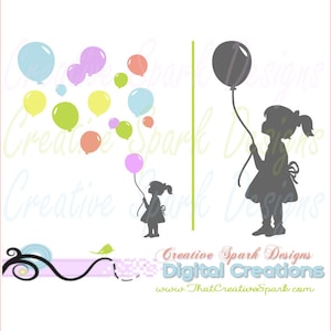 Little Girl with Balloons Silhouette SVG, DXF, PNG image for Die Cutting Machines, vinyl, decor, kids, iron-on, cards, scrapbook, digital