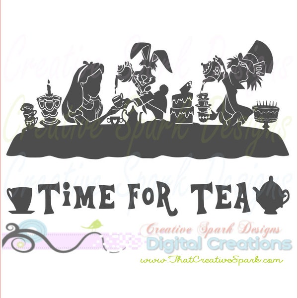 Alice in Wonderland Tea Party Silhouette Detailed Image for Die Cutting Machines or Clip Art, iron-on, wall decals, scrapbooking, crafts