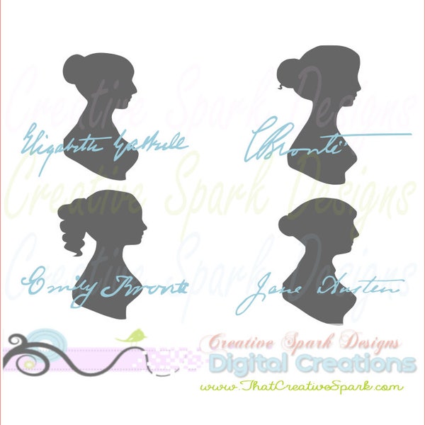 Beloved Classic Female Authors Silhouette Image Pack for Die Cutting Machines, Jane Austen, Charlotte & Emily Bronte, Elizabeth Gaskell