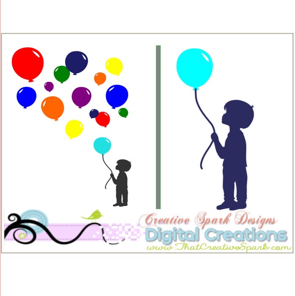 Kleine junge mit Luftballons Silhouette SVG, DXF, PNG-Bild für sterben Schneidemaschinen, Vinyl, Dekor, Kinder, Bügeleisen, Karten, Scrapbook, digital