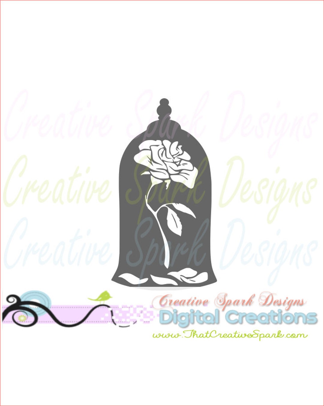 Beauty and the Beast Enchanted Rose in Bell Jar Silhouette, SVG, DXF