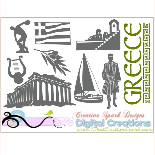 Greece themed silhouette images digital download for die cutting, vinyl transfer, print making, other crafts