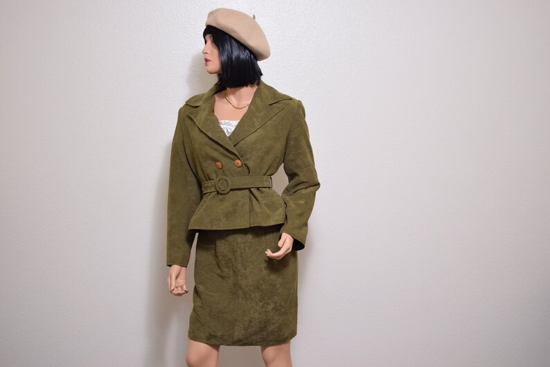 olive green suit two piece blazer skirt