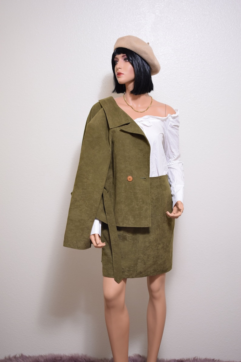 olive green suit two piece blazer skirt
