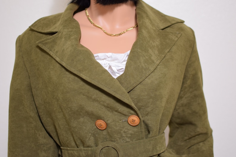 olive green suit two piece blazer skirt