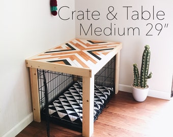 29” Crate Table - Wood Chevron Art Kennel Cover - modify your basic wire dog crate - MEDIUM 29" length - table only! No crate included