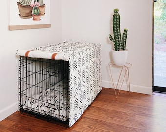 Deluxe Fabric Dog Crate Cover with faux leather tabs - you pick long side or short side for roll up curtain tabs - kennel sizes 24-48”