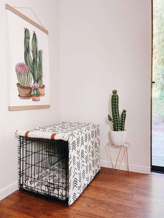 Deluxe Fabric Dog Crate Cover with faux leather tabs - you pick long side or short side for roll up curtain tabs - kennel sizes 18-48”