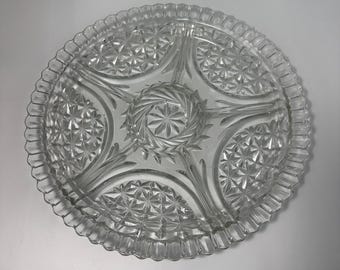 Vintage Pressed Glass Relish Tray – 13" Round Clear Glass Serving Platter with Starburst Pattern