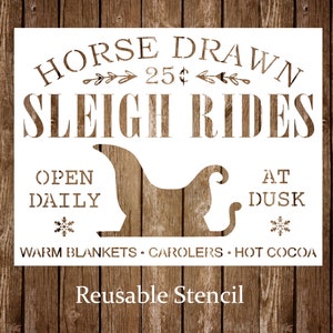 Sleigh Rides Vintage Christmas Stencil, Horse Drawn Sleigh Rides, Reusable Sign Stencil
