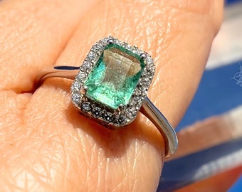 Natural Emerald Halo Ring - Sterling Silver, Emerald Cut Solitaire, Vintage Art Deco, Size 8, Jewelry Gift for Her