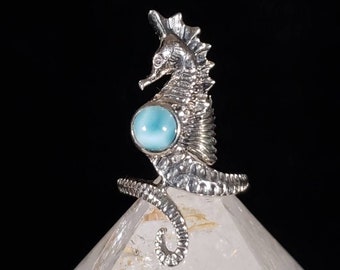 Larimar Seahorse Wrap Around Ring - Size 5 - Sterling Silver - For Ocean Mermaid Animal Lovers - Atlantis Dolphin Stone