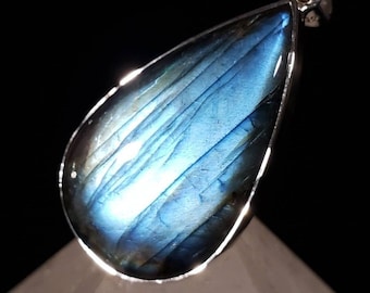 Blue Labradorite Sterling Silver Pendant - Water Drop Teardrop Pear Flashy Crystal - Mermaid Statement Necklace