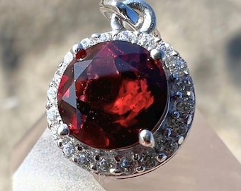 Garnet Pendant, Sterling Silver Round Halo Solitaire Gemstone, January Birthstone Necklace Gift for Her