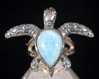 Larimar Sea Turtle Ring - Size 4.75 Sterling Silver - Genuine Dominican Republic Crystal - Ocean Mermaid Statement Jewelry