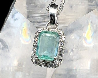 Natural Emerald Necklace - Halo Pendant with Sterling Silver Chain - Genuine May Birthstone Anniversary Gift for Her