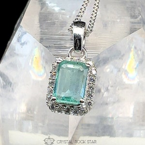 Genuine Emerald Halo Pendant Necklace, Sterling Silver, Emerald Cut Solitaire Natural Green Colombian Gemstone, May Birthstone Jewelry Gift
