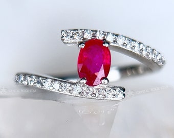 Ruby Ring Sterling Silver, Size 6 7 8 Oval Natural Pink July Birthstone Birthday Gift, Gemstone Ring, Pave Bypass Band, Engagement Ring