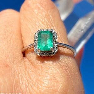 Emerald Halo Ring: 1.1ct Colombian Emerald, Sterling Silver, Size 9, 7x5mm, May Birthstone