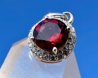 Garnet Sterling Silver Pendant, Round Solitaire Halo, Natural Burgundy Red Almandine Garnet Gemstone, January Birthstone Gift for Her