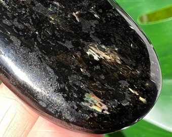 Nuummite Cabochon with Gold Rainbow Blue Flashes - Large Greenland Rare Genuine Oval Crystal - Palm Stone Tumbled Alternative 1.8"