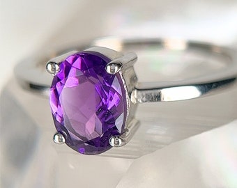 Amethyst Solitaire Ring - Sterling Silver Size 6 - Purple Natural Faceted Crystal Round Cut Genuine Gemstone 8mm - February Birthstone