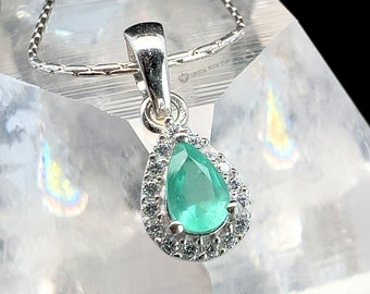 Natural Emerald Halo Pendant Necklace with Sterling Silver Chain, Green Pear Teardrop Genuine Gemstone, 6x4mm, May Birthstone Gift for Her
