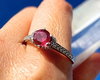 Rubin-Sterlingsilber-Ring, Größe 10 – runder natürlicher Juli-Geburtsstein, Jubiläumsgeschenk, Verlobungsring, rosa Edelstein-Ring, Versprechensring