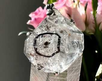 Enhydro Quartz Sterling Silver Pendant - Ancient Water & Carbon Bubble + Petroleum Oil Inclusions - Double Terminated Crystal Necklace