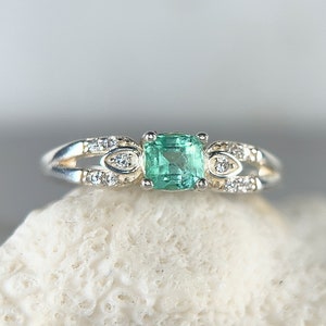 Colombian Emerald Sterling Silver Ring: Asscher Cut May Birthstone, Size 8