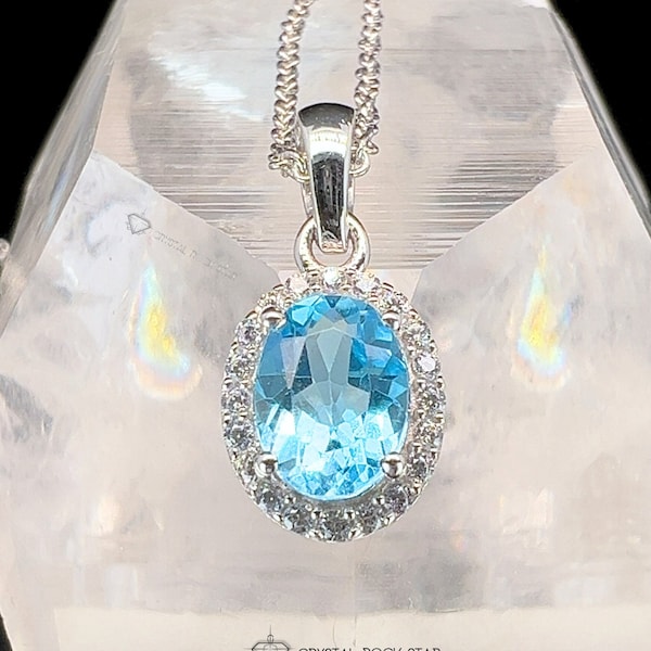 Blue Topaz Oval Solitaire Halo Necklace - November Birthstone Pendant with Sterling Silver Chain - Crystal Jewelry Gift for Her