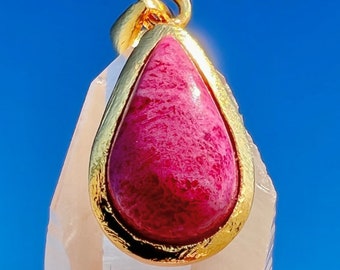 Tugtupite Pendant - 24K Gold Sterling Silver - Glows Pink in UV Light - Darkens Under Sunlight - Rare Crystal Love Gift - Greenland Crystal