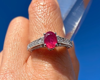 Ruby Sterling Silver Ring, Size 7 8 9 - Oval July Birthstone Ring, Art Deco Ring, Anniversary Engagement Ring, Gift for Her, Promise Ring