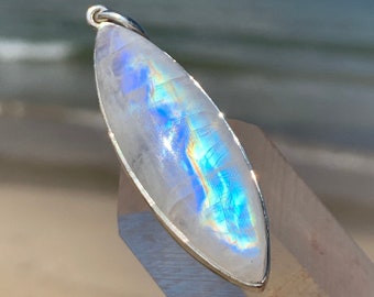 Rainbow Moonstone Pendant Sterling Silver - Marquise Surfboard Crystal - Flashy Glow Necklace - Surfer Girl Jewelry - White Labradorite