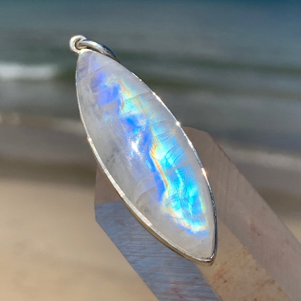 Rainbow Moonstone Pendant Sterling Silver - Marquise Surfboard Crystal - Flashy Glow Necklace - Surfer Girl Jewelry - White Labradorite