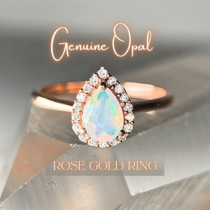Rainbow Opal Ring, Rose Gold Sterling Silver, Pear Halo Solitaire, Faceted Genuine Natural Crystal, October Birthstone Gemstone Size 5 6 7 8 - CrystalRockStar California