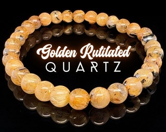 Golden Rutilated Quartz Bracelet, Prosperity Intentions Crystal, Gemstone Stretch Bracelet, 6.75" 6mm Beads, Meaningful Gift Idea for Her