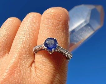 Bague en argent saphir bleu, taille 6 7 8, bague avec pierre de naissance ronde de septembre, bague victorienne, bague en filigrane, bague d'anniversaire, bague de fiançailles