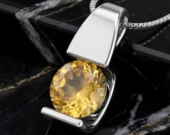 Halsband med naturlig citrin, hänge i sterlingsilver, fasetterad rund äkta ädelsten, smycken med manifestation i form av en födelsesten i november