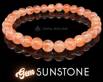 Gem Sunstone Bracelet, Friendship Bracelet, Orange Bead Stretch Bracelet, Hematite Bracelet, 7mm Semi-Translucent Arusha Beryl Crystal