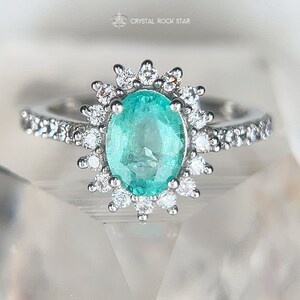 Columbian Emerald Star Halo Sterling Silver Ring Size 7 - Oval Cut Genuine Natural May Birthstone - Engagement - Pave Band - 1.4ct 7x5mm - CrystalRockStar Los Angeles California