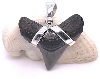 Äkta hajtandhänge i sterlingsilver - Halsband i strandsurfarstil - Carcharocles Angustidens grå fossila smycken