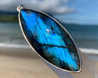 XL Labradorite Statement Sterling Silver Pendant - Blue Flash Surfboard Surfer Necklace  - Premium Large Crystal 3"